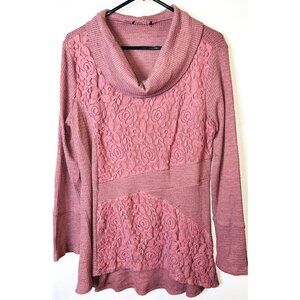 Pink Cowl Neck Long Sleeve Lace Accent Tunic Top Women’s Large *See Details*